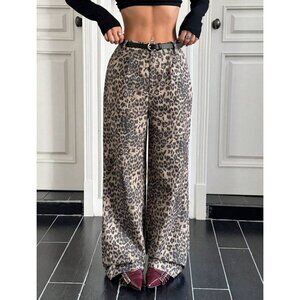 leopard print loose fit denim pants